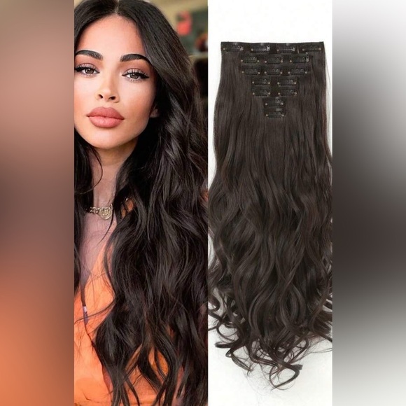 Clip in Hair Extensions Long Wavy Black  Brown,  Hair Extensions   20 In - Picture 7 of 8